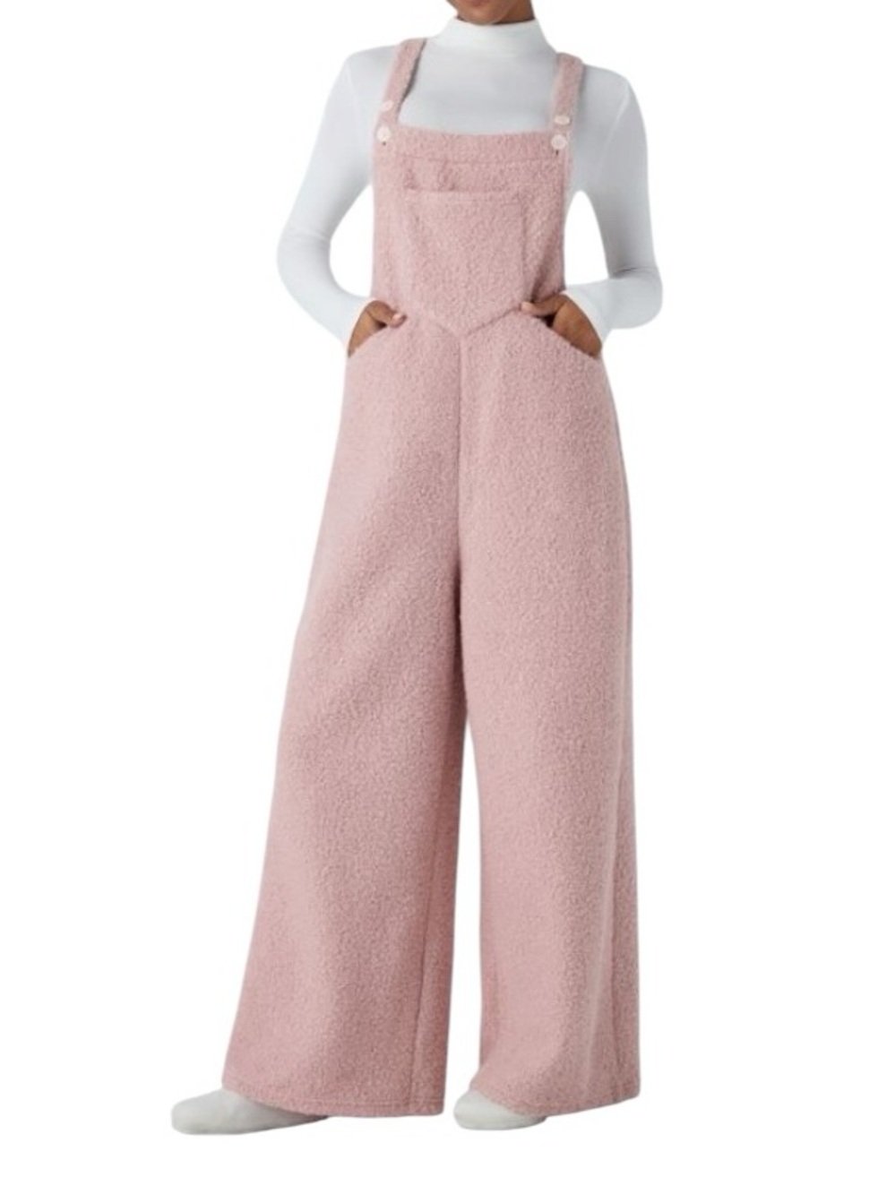 HALARA NWT Teddy Overalls Pink Bouclé Size Medium Wide Leg Relaxed Comfy Cozy